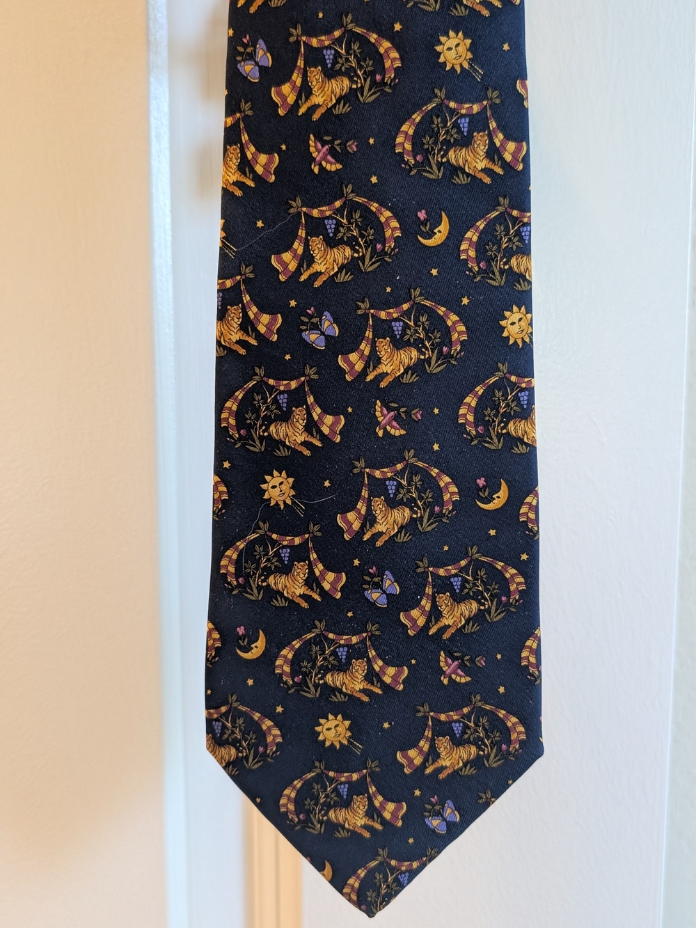 Salvatore Ferragamo Silk Tie with Gold Celestial and Tiger Motif NWOT